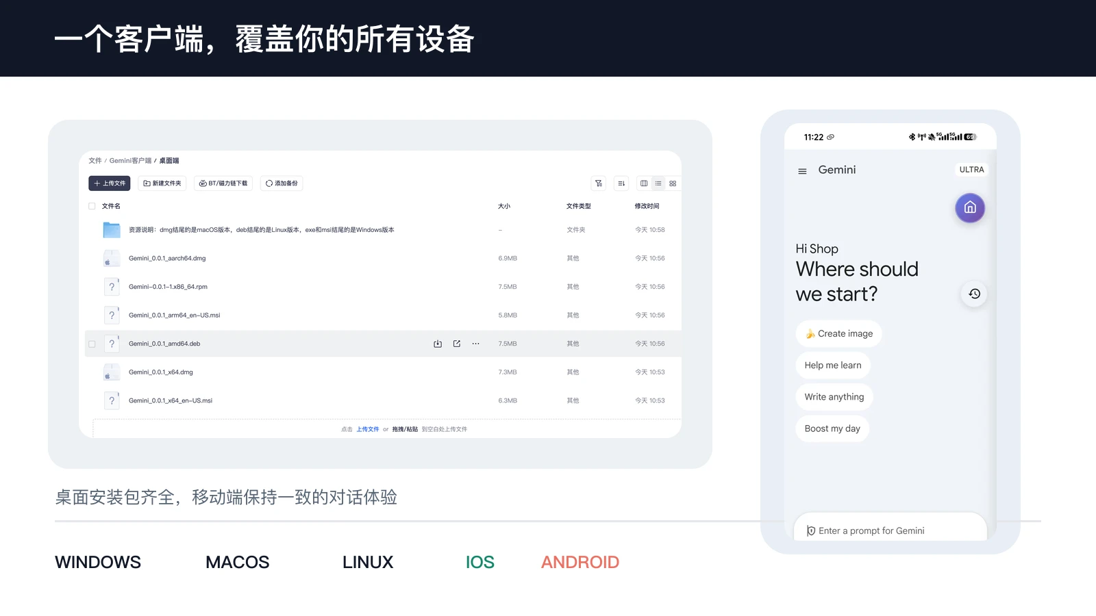 Gemini 客户端桌面安装包和移动端真实界面